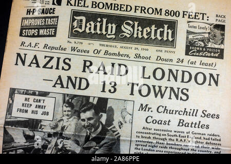 Front page headline 'Nazi Raid London' : Daily Sketch newspaper (replica), 29th August 1940 (during the Blitz). Stock Photo