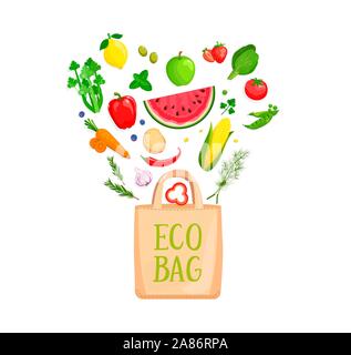 Eco Bag with isolated vegetables and berries. Stock Vector