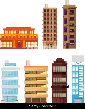 Seven different buildings set vector illustration collection. Residential Building Apartment House Homes Construction Set 2 Stock Vector