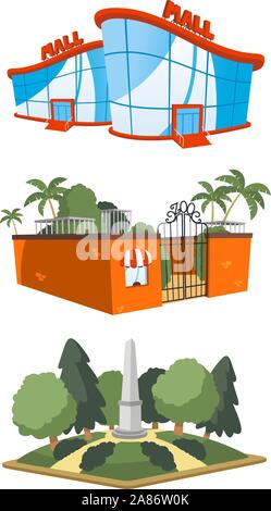 Set of 3 public building illustrations, including a mall, zoo and square vector illustration. Stock Vector