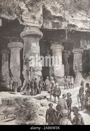 Elephanta in India. Engraving of the 19th century. Elephanta Caves are a UNESCO World Heritage Site and a collection of cave temples predominantly dedicated to the Hindu god Shiva. Stock Photo