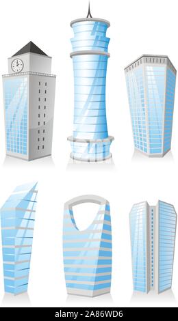 Cartoon Skyscrapers Tower skyscraper apartment penthouse edifice structure set Stock Vector