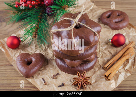 traditional german christmas chocolate cookies lebkuchen with decoration Stock Photo