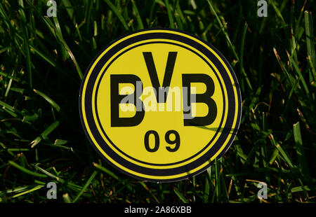 September 6, 2019 Istanbul, Turkey. The emblem of the German football club Borussia Dortmund on the green grass of the football field. Stock Photo