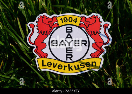 September 6, 2019 Istanbul, Turkey. The emblem of the German football club Bayer Leverkusen on the green grass of the football field. Stock Photo