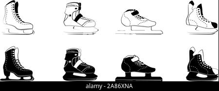 ice skates glyph icons - figure, fitness, Racing, hockey. Type of ice skate boots. Winter sport equipment logo in black outline style. Vector Illustration isolated on white background. Stock Vector