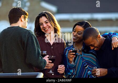African-American and Caucasian couples enjoying cocktails on the roof deck Midsummer Stock Photo