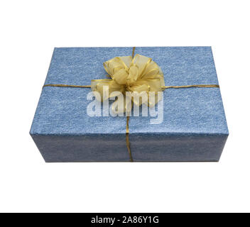 A gift wrap blue box with a yellow bowl still life isolated on a white background Stock Photo
