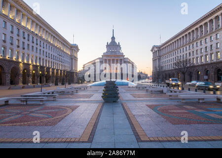 SOFIA, BULGARIA - 3RD APRIL 2018: The outside of the buildings at the Largo in Sofia. Showing the Party House,  TZUM department store Stock Photo