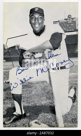 Vintage black and white souvenir photo of Major League baseball player Willie McCovey with the San Francisco Giants circa 1960s. Stock Photo
