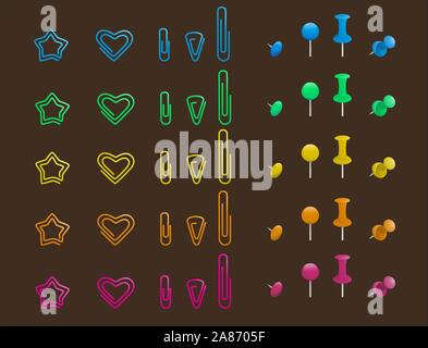 Nine different types of pins and clips in different colours like, blue pins and clips, green pins and clips, yellow pins and clips, orange pins and cl Stock Vector