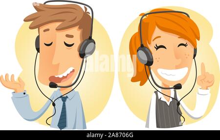 Costumer Service Call Center Operator On Duty, with both man and woman customer service vector illustration. Stock Vector