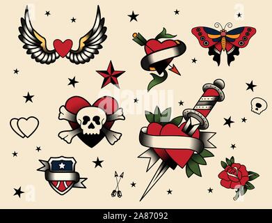 Set of Retro Tattoo Symbols Cartoon Old School Illustration Stock Vector   Illustration of happy cartoon 78675086