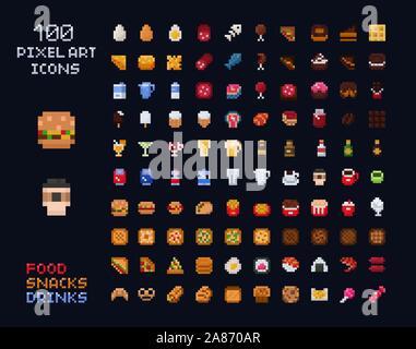 Pixel art vector game design icon video game interface set. Food items - fastfood, drinks, sweets, snacks, alcohol, bakery. Isolated retro arcade game Stock Vector