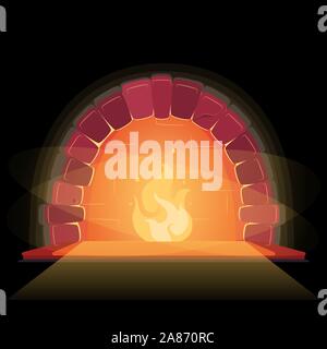 Fireplace in beautiful style. Vector design element. Flat closeup on black backdrop. Home house interior decore. Winter interior bonfire. Flame, fire, illustration. Cozy warm relax place concept. Stock Vector