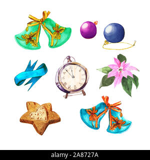 Set of Christmas things. Balls, bells, clock, cookies, ribbon and Poinsettia. Watercolor Xmas decoration on white Stock Photo