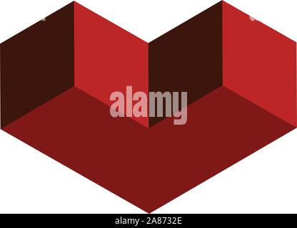 Isometric red heart symbol, cube shape, 3d view. Stock Vector illustration isolated on white background. Stock Vector