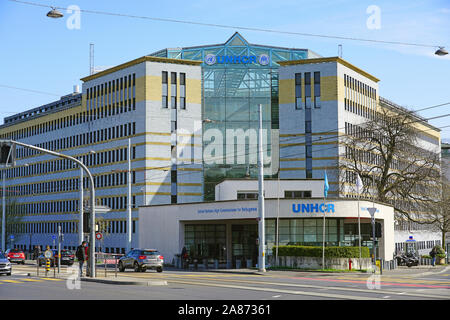 GENEVA, SWITZERLAND -5 APR 2019- Exterior view of the United Nations High Commissioner for Refugees (UNHCR), an international organization located in Stock Photo