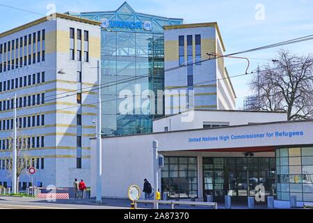 GENEVA, SWITZERLAND -5 APR 2019- Exterior view of the United Nations High Commissioner for Refugees (UNHCR), an international organization located in Stock Photo