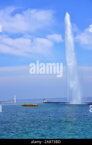 GENEVA, SWITZERLAND -6 APR 2019- View of the Jet d’Eau fountain, the most famous landmark in Geneva, Switzerland. It is located where the Rhone River Stock Photo