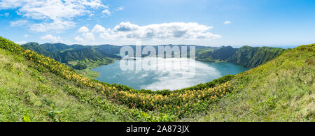 Panorama of the volcanic caldera at Sete Cidades on São Miguel in the Azores. The Azul and Verde lakes show their blue and green waters. Stock Photo