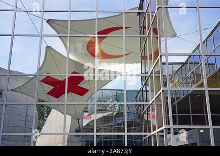 GENEVA, SWITZERLAND -5 APR 2019- Exterior view of the International Committee of the Red Cross (CICR or ICRC) headquarters building, a humanitarian or Stock Photo