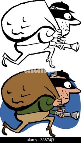 A cartoon of a sneaky thief making off with a bag of stolen goods. Stock Vector