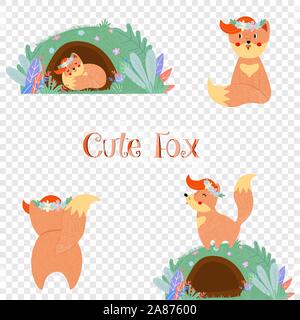 Cute fox set, sleeping in hole, rear view, boho forest animal collection isolated on transparent background. Baby t-shirt print Cartoon flat vector ha Stock Vector