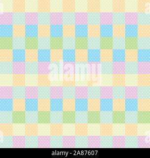 Polka dot checkered background seamless pattern with orange pink blue yellow green squares and checks. Pop art backdrop, baby shower wallpaper, multic Stock Vector