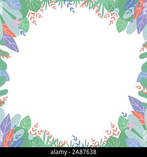 Leaves drawing frame, square boho border in scandinavian style with plants leaf and flowers with place for text on white background. Card photoframe t Stock Vector