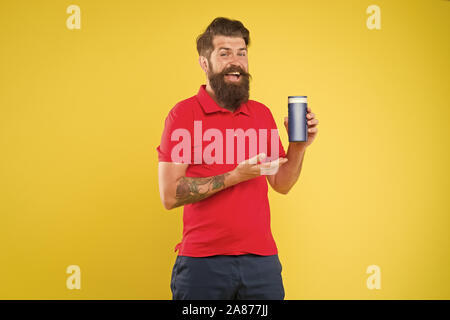 Personal hygiene. Shampoo for hair type. Make hair stronger. Man handsome  bearded hipster hold bottle shampoo shower gel. Male beauty concept.  Presenting shampoo product. Shampoo conditioner for men Stock Photo - Alamy