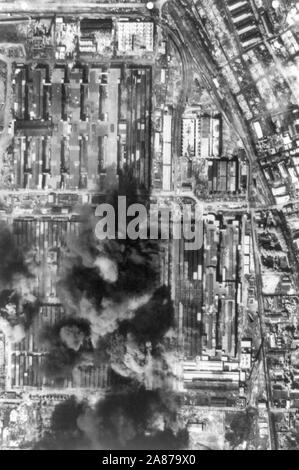 Aerial photo of bombing of Nakajima Aircraft Engine Plant, Musashino, Japan (Tokyo area) by U.S. 20th Air Force operations Stock Photo