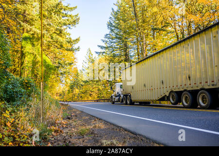 Big rig day cab white semi truck for local logistic freights transporting cargo in long covered corrugated bulk semi trailer running on the road going Stock Photo