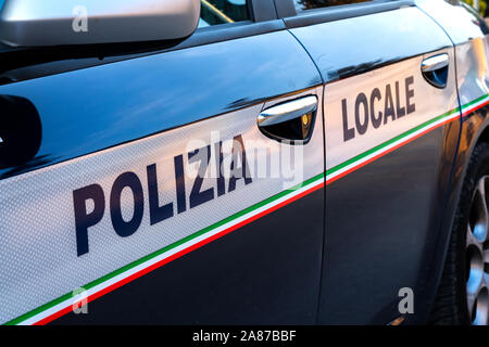 Polizia locale, car door lettering on a italian police car Stock Photo