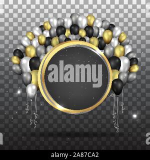 Round empty frame with realistic elegant balloons with tinsel and bokeh decoration , luxury concept for web and print, golden black and silver colors Stock Vector