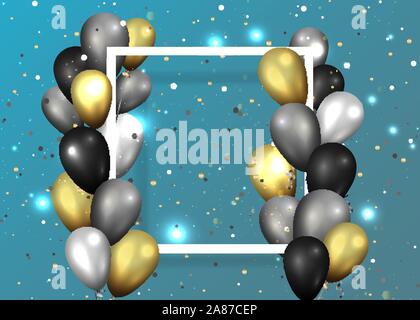 Golden black and silver balloons with white frame on shiny blue background, cute concept for elegant  birthday card or sale, luxury abstract backdrop Stock Vector