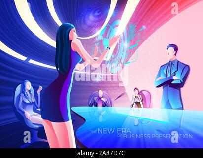 A conceptual illustration of a business woman is using hologram interactive to present business data to her team. Hologram conference. Stock Vector
