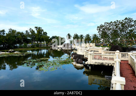 Langkawi, Malaysia - October 10, 2019. Pond with Bridge next to Eagle Square in Langkawi, near the Kuah port. Stock Photo