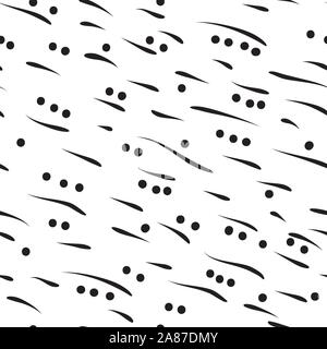 Marble Shoot, slanted black dashes, slashes and dots on white background. Seamless surface pattern design. Stock Vector