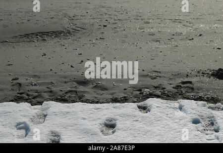 Old Lyme, CT / USA - March 3, 2019: Footprints in the snow leading into the sand Stock Photo