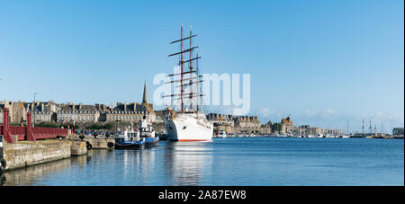 Saint-Malo, Ille-et-Vilaine / France - 19 August 2019: view of the Sea Cloud II luxury cruise ship in the port of Saint-Malo on the coast of Brittany Stock Photo