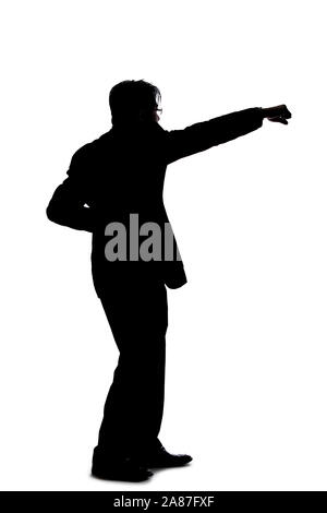 Silhouette of a backlit model posing as a businessman on a white background.  He is punching out of anger with his fists. Stock Photo