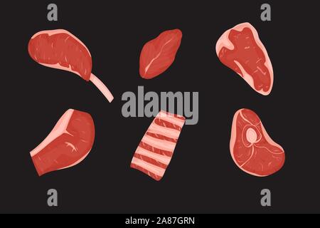 Set of meats cuts with fat. Vector Illustration. Black background. Stock Vector