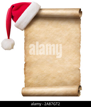 Old paper scroll and christmas hat isolated on white Stock Photo