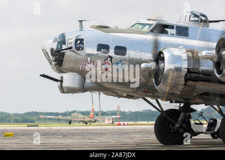 YPSILANTI, MICHIGAN / USA - August 25, 2018: A World War II era B-17 Flying Fortress at the 2018 Thunder Over Michigan Airshow.
