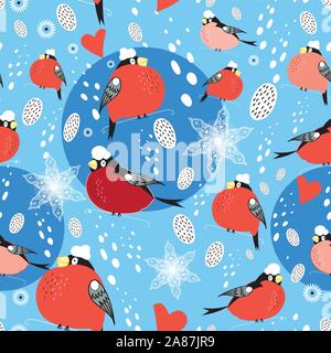 Seamless Christmas pattern of red bullfinches on a blue background with snowflakes. Festive Christmas template. Stock Vector