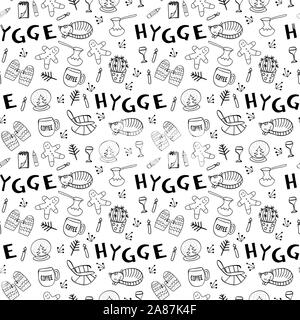 Seamless pattern with hygge hand drawn elements. Outline black and white objects for cozy design. Vector illustartion. Stock Vector