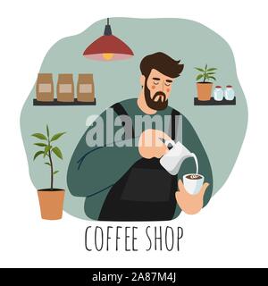 Coffee shop, barista. Flat vector illustration of a young man wearing apron pouring whipped milk into the coffee cup. Hand drawn cartoon character Stock Vector
