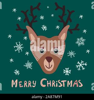 Vector illustration of a cute cartoon deer with hand written phrase - Merry Christmas - for posters, t-shirt prints, greeting cards Stock Vector