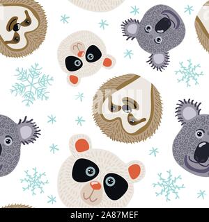 Vector seamless pattern with koala, panda and sloth. Stock Vector